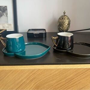 Perotti - Teal and Black Ceramic Cup Set with Gold Handles
